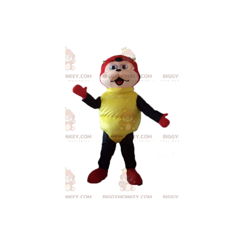 Fantasia de mascote vermelha preta amarela de bolinhas