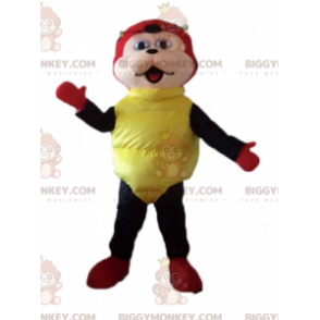 Fantasia de mascote vermelha preta amarela de bolinhas