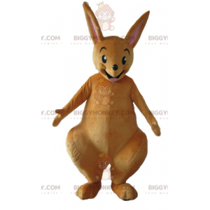 Traje de mascote de canguru marrom muito engraçado e sorridente