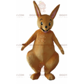 Traje de mascote de canguru marrom muito engraçado e sorridente