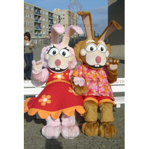 mascotte BIGGYMONKEY™ de couple de lapin rose et marron -