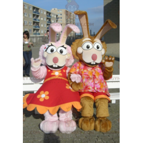 mascotte BIGGYMONKEY™ de couple de lapin rose et marron -