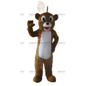 Φιλική στολή μασκότ με χαμογελαστό καφέ και λευκό αρκουδάκι