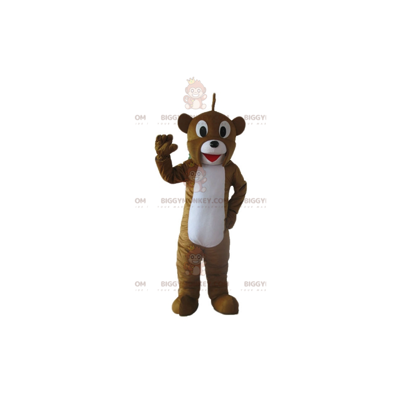 Traje de mascote de urso marrom e branco sorridente amigável
