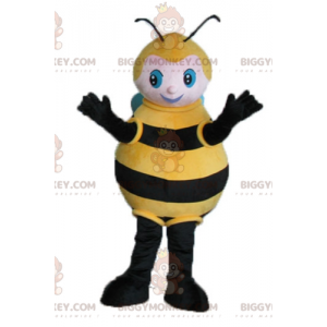 Traje de mascote de abelha preta grande amarela e azul