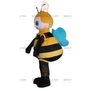 Disfraz de mascota de abeja grande negra amarilla y azul