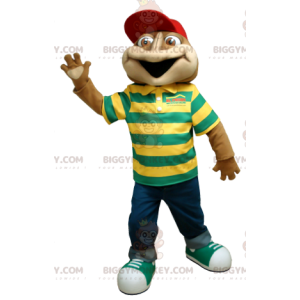 Costume mascotte BIGGYMONKEY™ rana marrone con polo a righe -