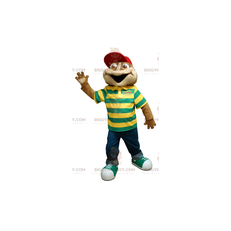 Brown Frog BIGGYMONKEY™ Mascot Costume With Striped Polo Shirt