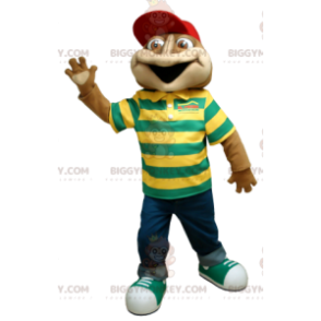 Brown Frog BIGGYMONKEY™ Mascot Costume With Striped Polo Shirt