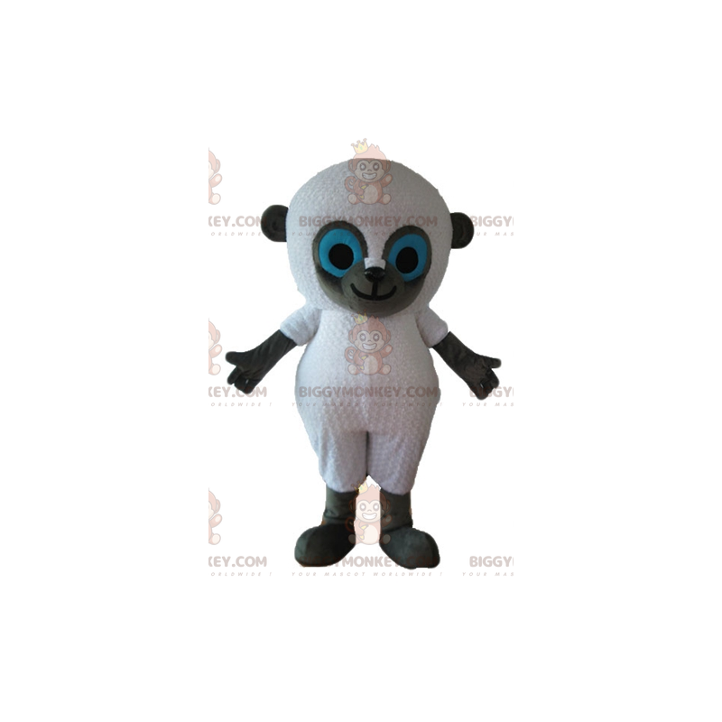 Traje de mascote de ovelha branca e cinza de olhos azuis