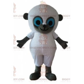 Traje de mascote de ovelha branca e cinza de olhos azuis