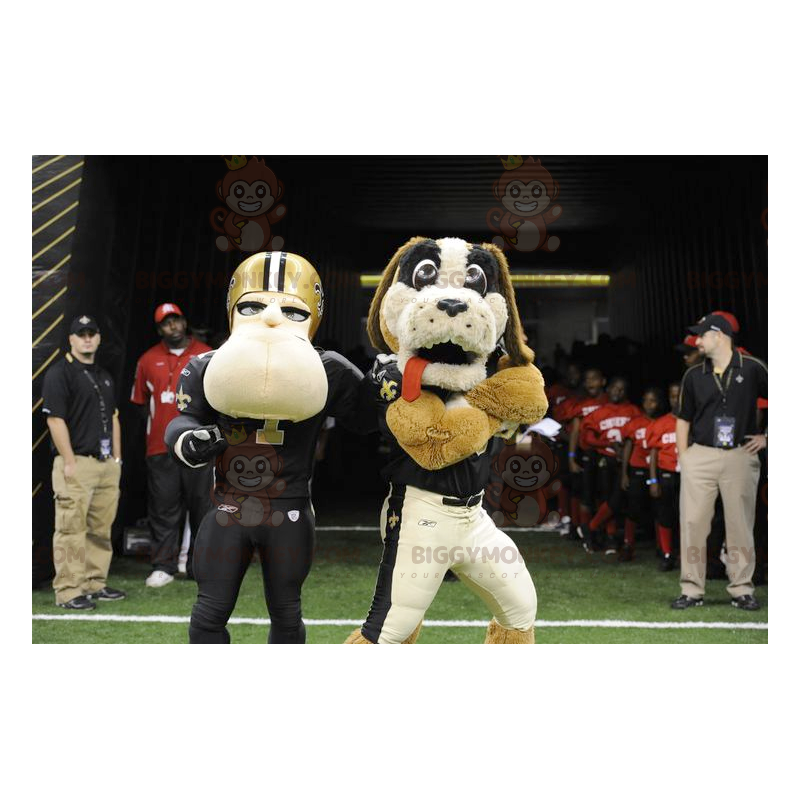 Traje de mascote de cachorro e jogador de futebol americano