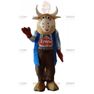 BIGGYMONKEY™ Brown Bull Cow maskotkostume klædt ud som landmand