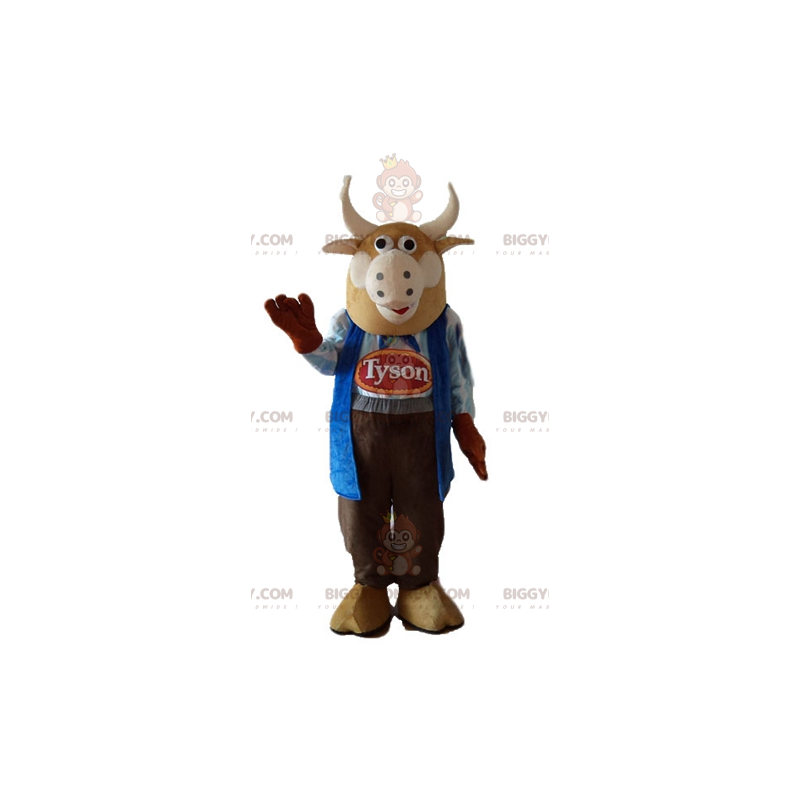 BIGGYMONKEY™ Brown Bull Cow Mascot Costume Dressed As Farmer -