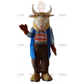 BIGGYMONKEY™ Brown Bull Cow Mascot Costume Dressed As Farmer –