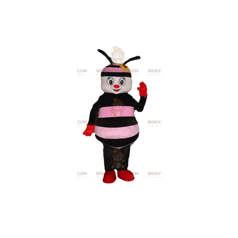 BIGGYMONKEY™ Mascot Costume Pink and Black Bee with Flower on