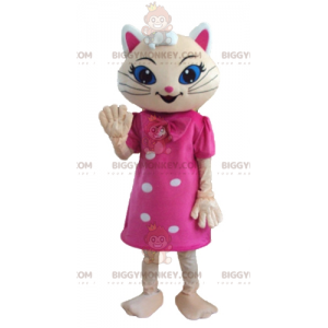 Traje de mascote BIGGYMONKEY™ de gato bege com vestido rosa e