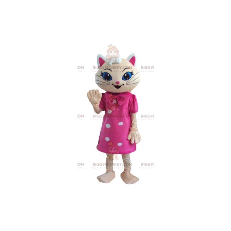 BIGGYMONKEY™ Mascot Costume of Beige Cat with Pink Dress and