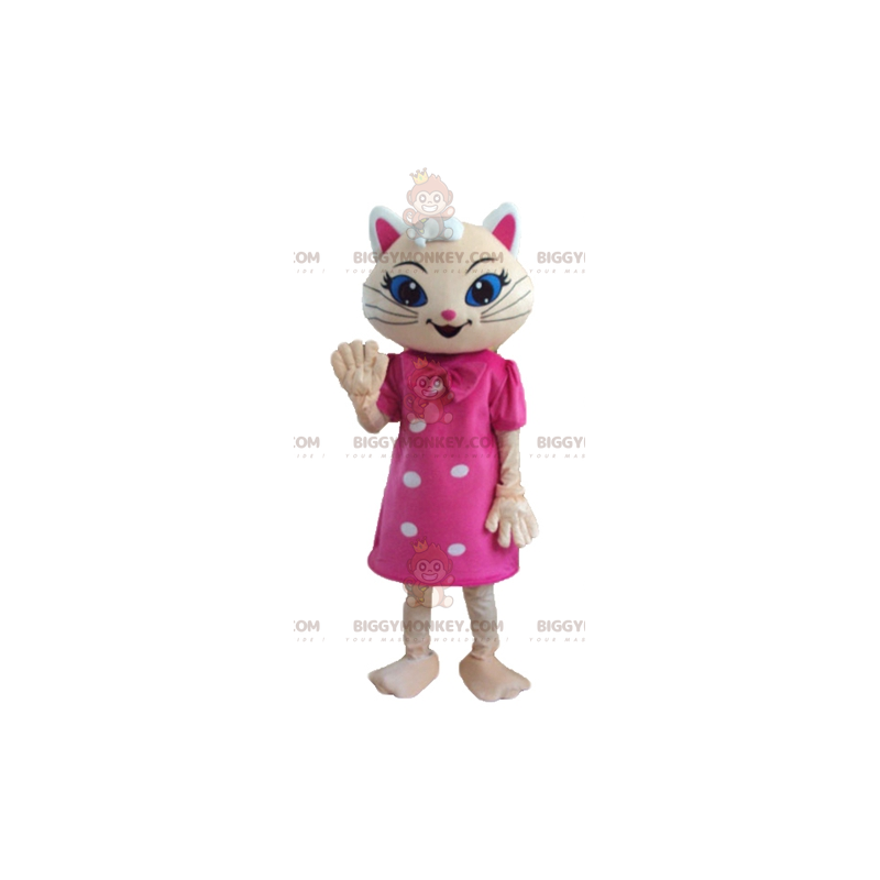 Kostium maskotka beżowego kota BIGGYMONKEY™ z różową sukienką i