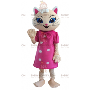 Στολή μασκότ BIGGYMONKEY™ με μπεζ γάτα με ροζ φόρεμα και μπλε