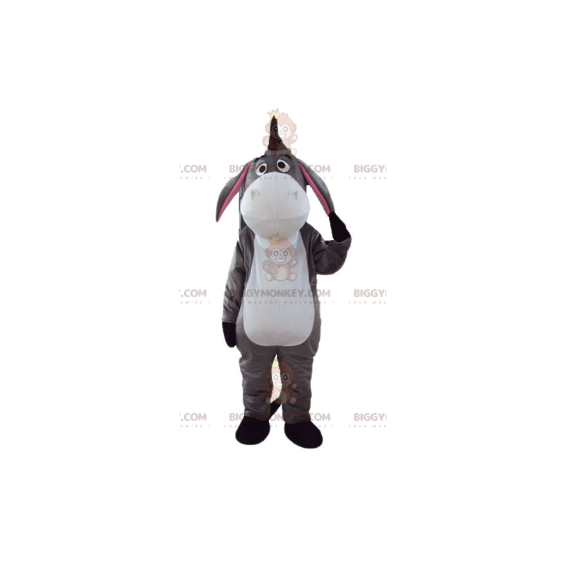 Traje de mascote de burro bisonho cinza branco e rosa