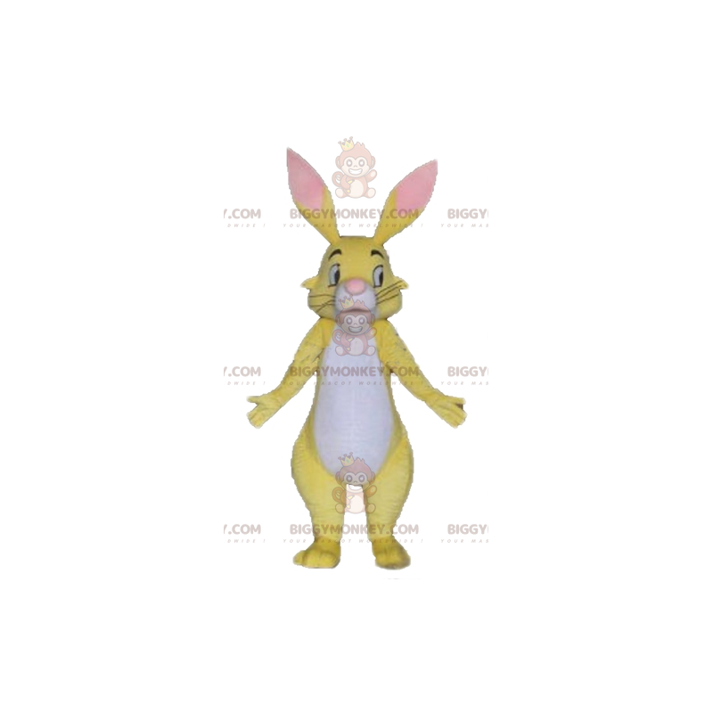 Kostium maskotka przystojny żółty, biały i różowy królik