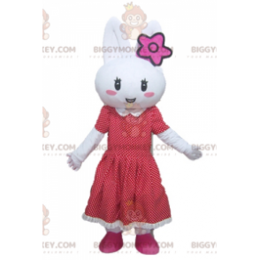 BIGGYMONKEY™ White Rabbit Mascot Costume With Red Polka Dot