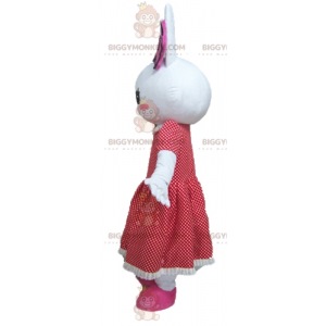 BIGGYMONKEY™ Vit kaninmaskotdräkt med röd prickig klänning -
