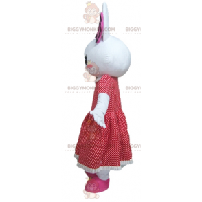 BIGGYMONKEY™ Hvid kaninmaskotkostume med rød prikket kjole -
