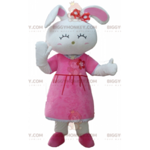 BIGGYMONKEY™ maskotdräkt av söt vit kanin klädd i rosa klänning
