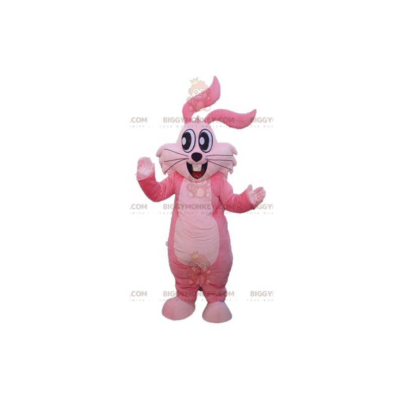 Disfraz de mascota de conejo rosa gigante alegre y sonriente
