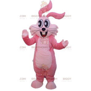 Costume da mascotte coniglio rosa gigante allegro e sorridente