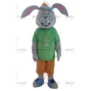 Glimlachend grijs konijn BIGGYMONKEY™ mascottekostuum met