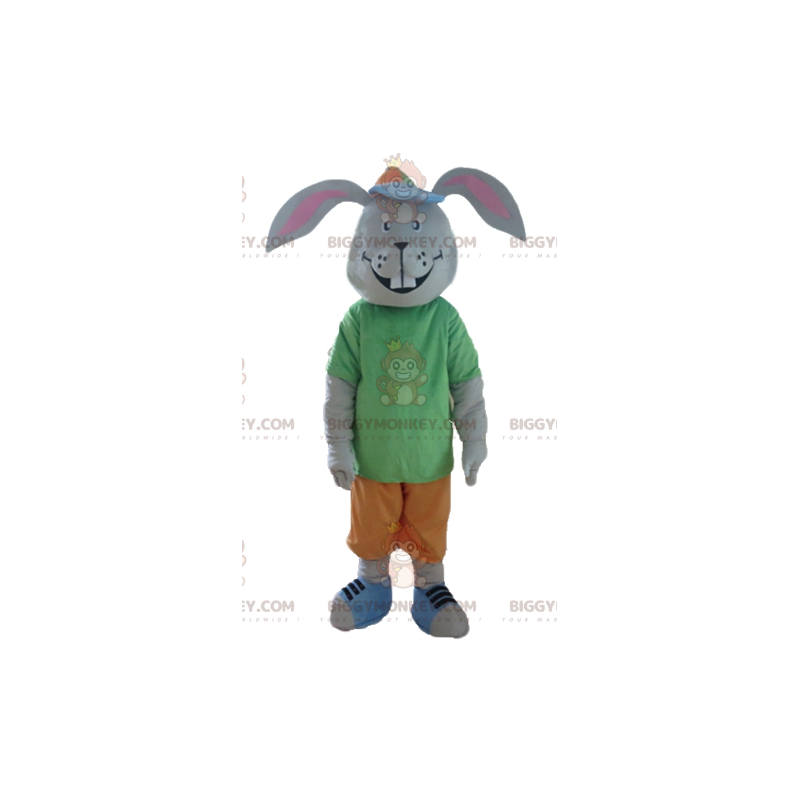 Kostým usmívajícího se šedého králíka BIGGYMONKEY™ maskota s
