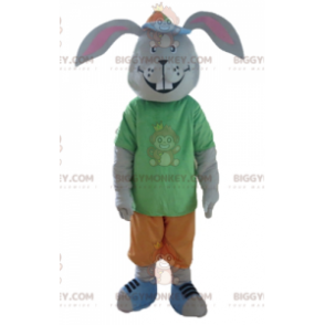 Smiling Gray Rabbit BIGGYMONKEY™ Mascot Costume With Colorful