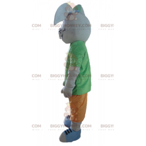 Leende grå kanin BIGGYMONKEY™ maskotdräkt med färgglad outfit -