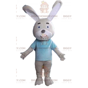 BIGGYMONKEY™ mascotte kostuum beige en wit konijn met blauw