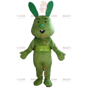 Traje de mascote engraçado e peculiar do coelho verde