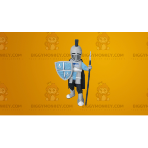 Traje de mascote de cavaleiro protegido por armadura e capacete