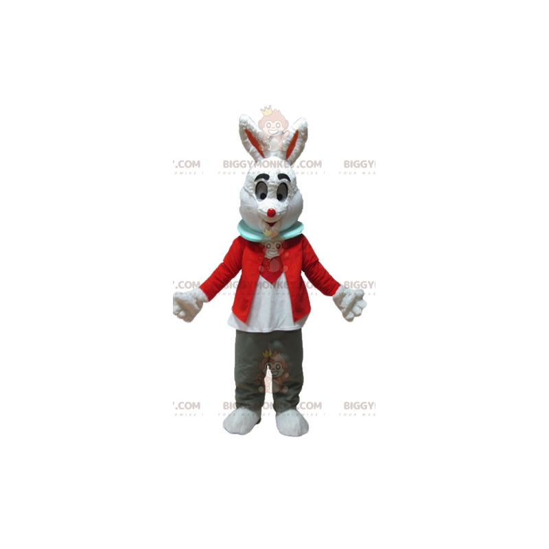 Kostium maskotka białego królika BIGGYMONKEY™ z czerwoną kurtką