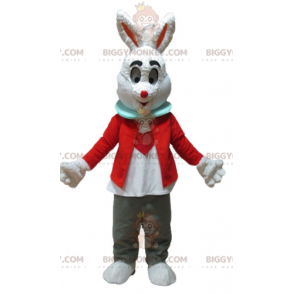 Vit kanin BIGGYMONKEY™ maskotdräkt med röd jacka och grå byxor