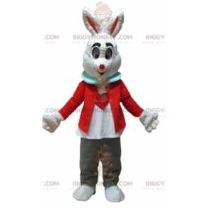 Weißer Hase BIGGYMONKEY™ Maskottchenkostüm mit roter Jacke und