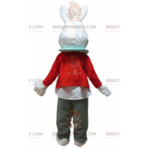Vit kanin BIGGYMONKEY™ maskotdräkt med röd jacka och grå byxor