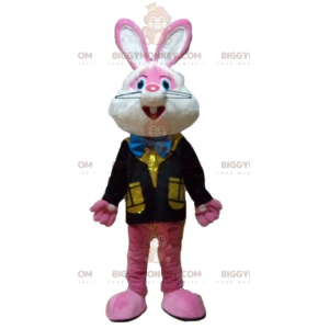Rosa och vit kanin BIGGYMONKEY™ maskotdräkt med färgglad väst -