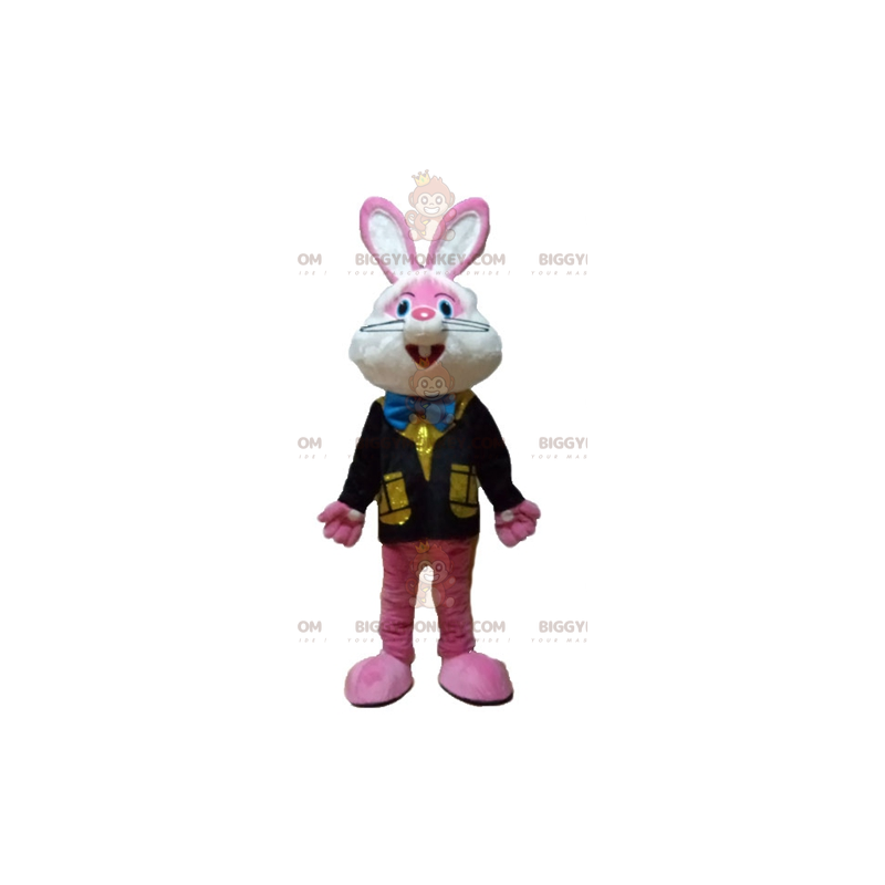 Costume de mascotte BIGGYMONKEY™ de lapin rose et blanc avec un
