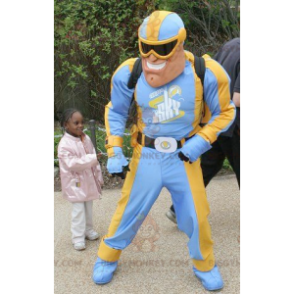 Kostým maskota BIGGYMONKEY™ Modrý a žlutý superhrdina –