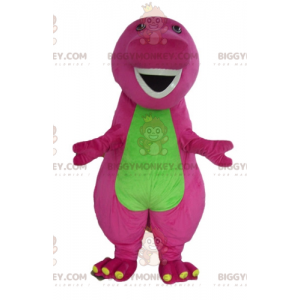 Zabawny pulchny gigantyczny różowy i zielony dinozaur kostium