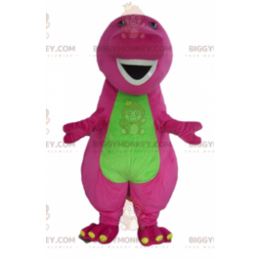 Fantasia de mascote de dinossauro gigante gorducho rosa e verde