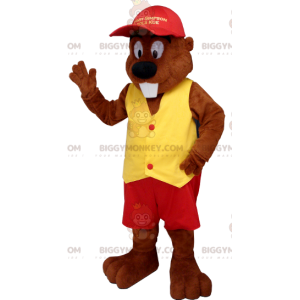 BIGGYMONKEY™ Beaver Mascot Costume Dressed in Red and Yellow –