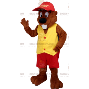 Traje de mascote de castor BIGGYMONKEY™ vestido de vermelho e